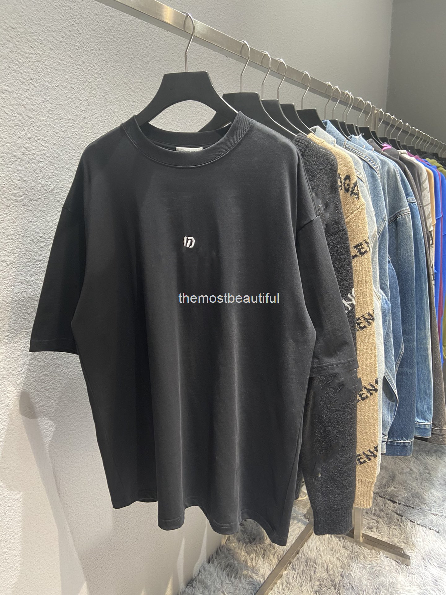 

Women's T-Shirt Spring and summer high version b family chest letter embroidery Pullover round neck loose Unisex T-shirt short sleeve, 2# packing bag