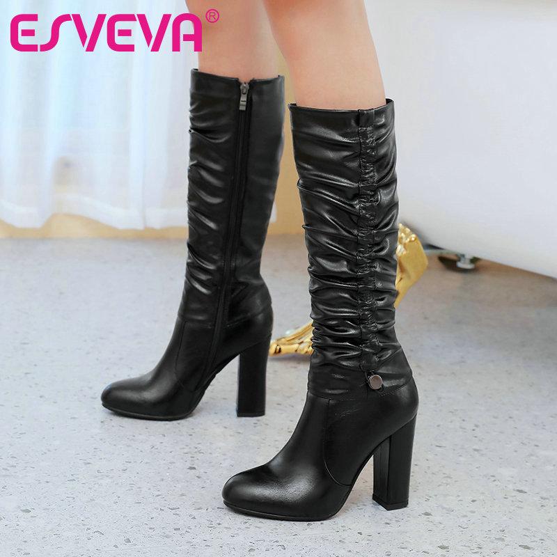 

ESVEVA 2021 Round Toe Zipper Super Square High Heel Fashion PU Leather Knee High Boots Platform Women Boots Shoes Size 34-43, Black