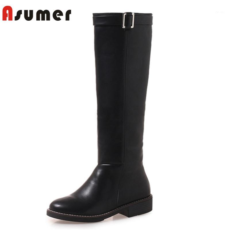 

ASUMER 2020 new arrival knee high boots women round toe buckle autumn winter riding boots low heels casual shoes female1, Black