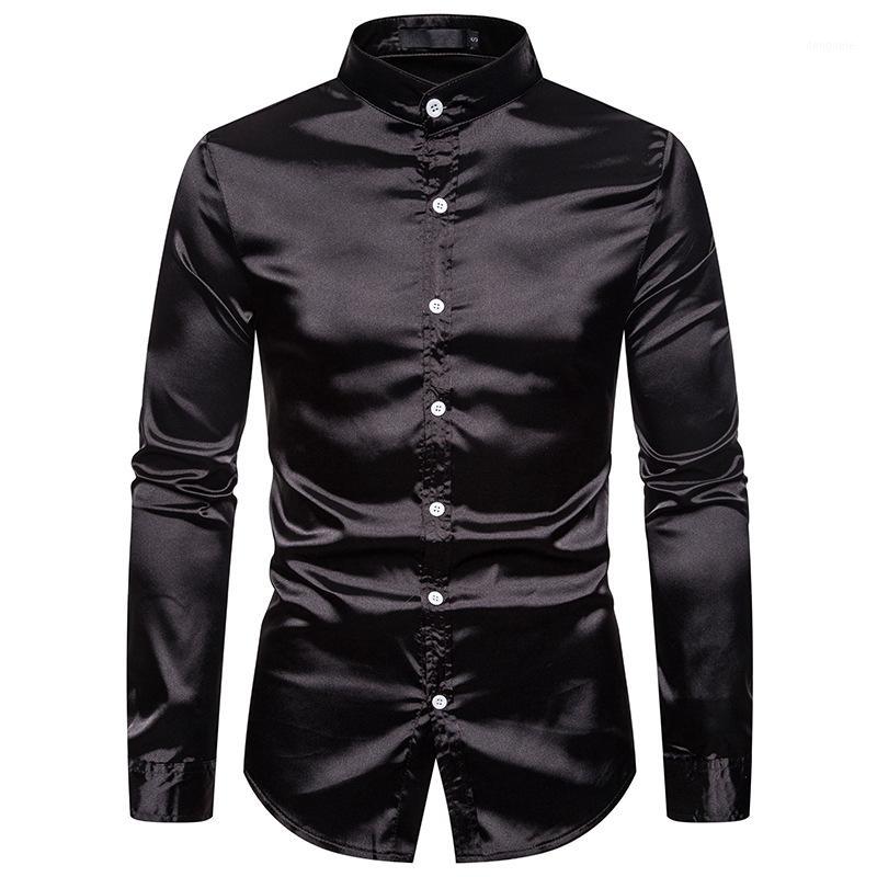 

Men' Casual Shirts Mens Mandarin Collar Silk Satin Dress 2021 Brand Regular Fit Long Sleeve Shirt Men Business Camisa Masculina1, Light blue