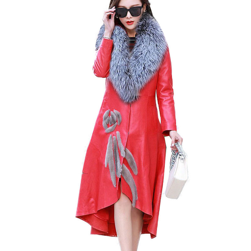 

2021 Women' Pu Jacket for Autumn Winter New Slim Big Fur Collar Long Leather Coat Female Outerwear Plus Size Wejs, Red