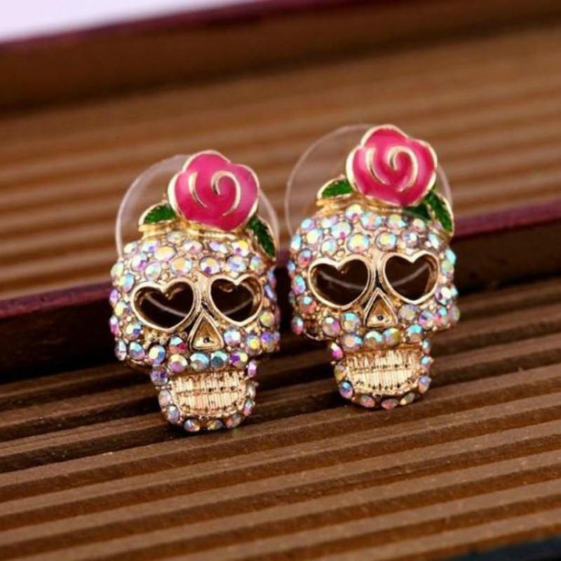 

Stud Fashion Exaggerated Color Rhinestone Skull Earrings Jewelry Wild Rose Halloween Wholesale