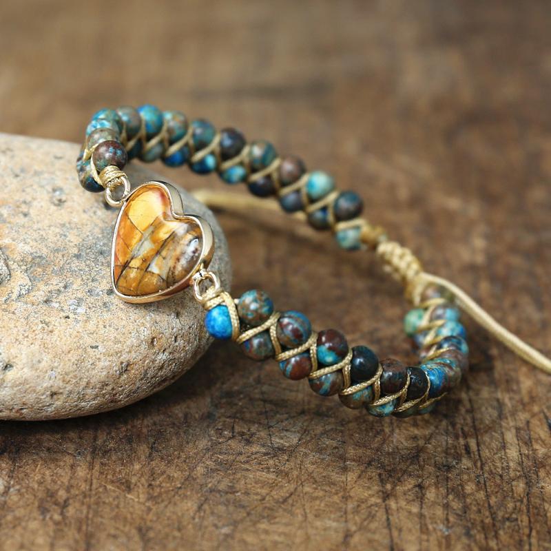 

Handmade Jewelry Blue Crazy Lace Agates Heart Shape Charm Bracelets Women Men Bohemia Yoga Braided Wrap Bracelet