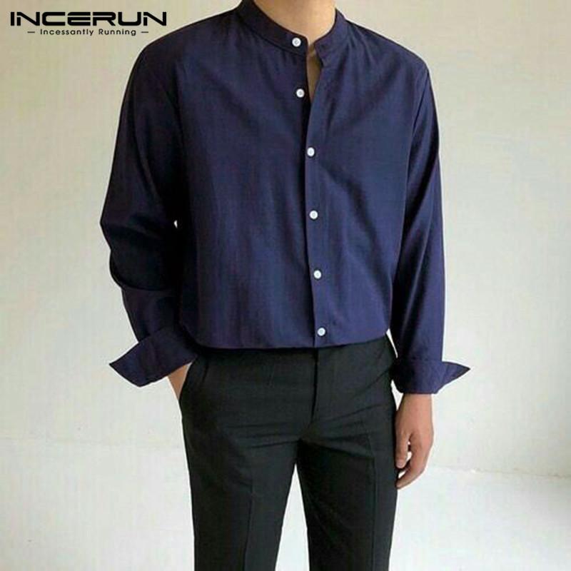 

Spring Man Korean Button Camisa Casual Comfy Blusas INCERUN Vintage Solid Color Men Shirts Long Sleeve Stand Collar Blouse -5XL, Blue