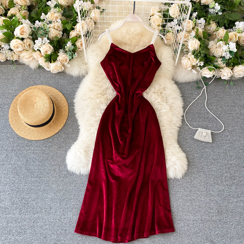 

2021 New Singiny retro velour strap female chic to line dressed sexy summer party dress 5V4H, Pink