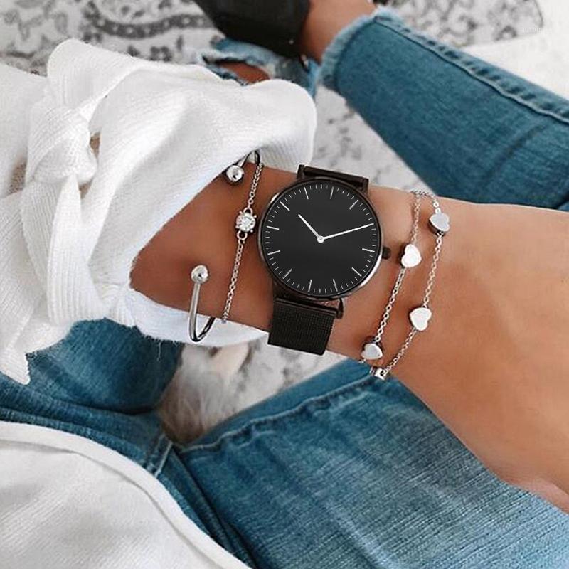 

Mavis Hare Black Stainless Steel Feliz Mesh Wristwatch Woman Watches with Crystal Kont Heart chain Bracelet Bangles1