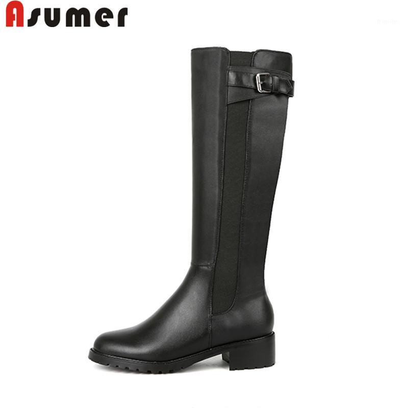 

ASUMER big size 34-43 fashion knee high boots women round toe zip genuine leather boots classic ladies Riding 2020 new1, Black with fur