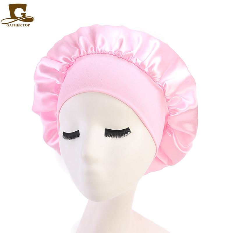 

New Fashion Women Satin Night Sleep Cap Hair Bonnet Hat Silk Head Cover Elastic Band Nightcap Bath Spa bonnet de nuit, White