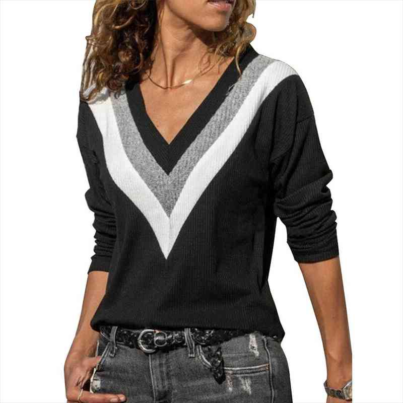 

Plus Size Women Tops V Neck Color Patchwork Sweater Casual Loose Long Sleeve Pullover 5xl Spring Fall Women Clothing, White;black