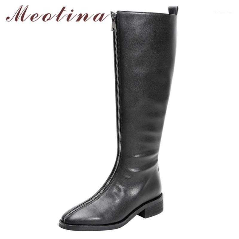 

Meotina Winter Knee High Boots Women Natural Genuine Leather Thick Heels Long Boots Zipper Round Toe Shoes Lady Fall Size 33-401, Black synthetic lini