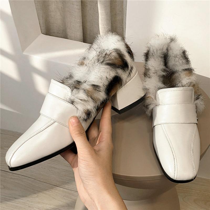 

Women Genuine Leather Med Heel Fur Ankle Boots Low Top Round Toe Winter Party Pumps Shoes Casual Shoes Outdoor Booties1, White1