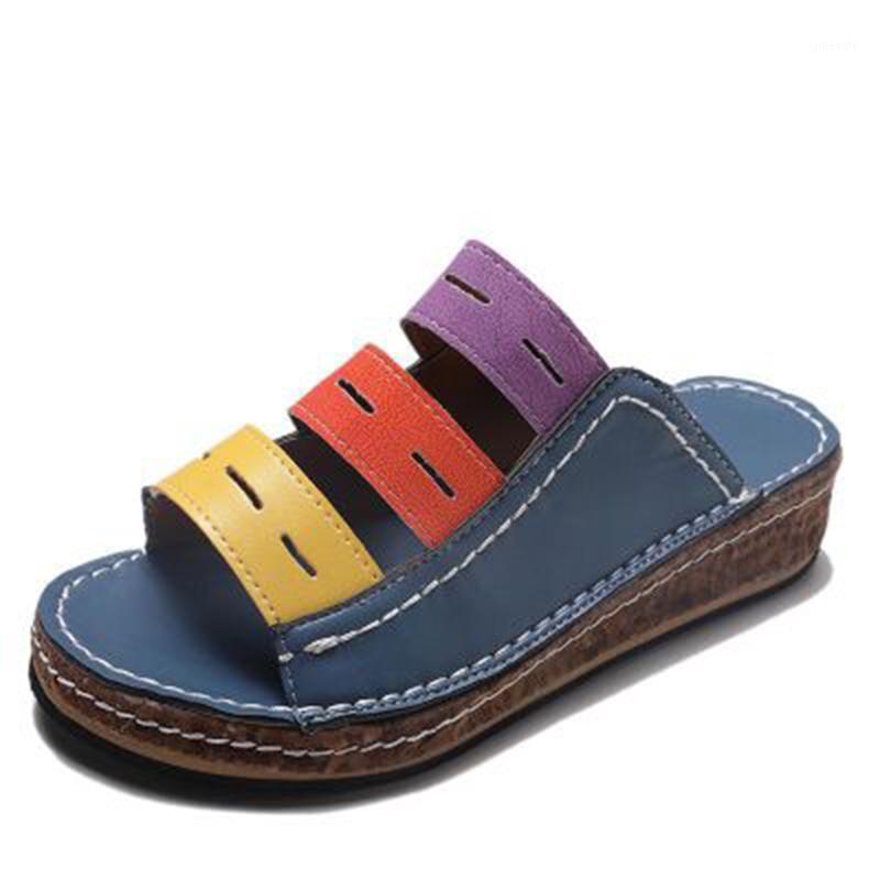 

Summer Sandals For Women Shoes Retro Flat Sandals Flip Flops Mixed Color Soft Leather Ladies Beach Shoes Footwear1, Blue