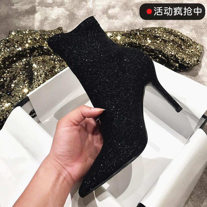 

New slim elastic silver Sequin high heeled boots slim heels socks boots black short women1, 8.5cm standard