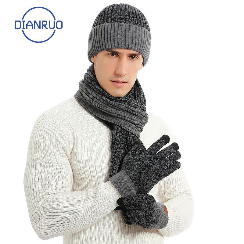 

DIANRUO Winter 3PC Knitted Hat Scarf Glove Sets for Men's Winter Warm Cap Bonnet Solid Headband Knit Scarf New Year's Gift N609