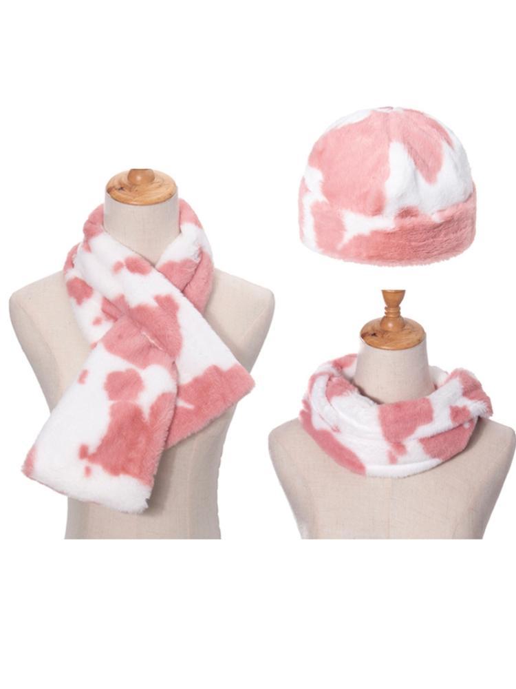 

3Pcs Winter Milk Cow Print Fluffy Plush Warm Beanie Skull Hat with Scarf Set 449F