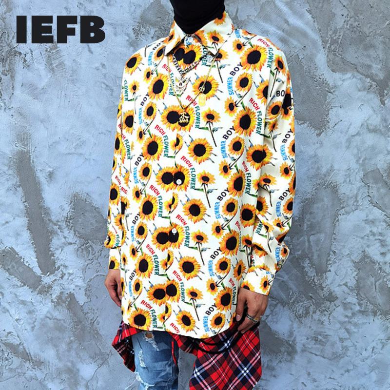 

IEFB /men's wear new mfashion sunflower print long sleeve shirt hip hop loose floral oversize tops streetwear tops couple 9Y3682, Flower
