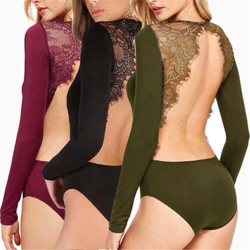 

Women' Jumpsuits & Rompers Women Lace Floral Sexy Backless Long Sleeve Body Suit Solid Color Romper Leotard Tops, Black