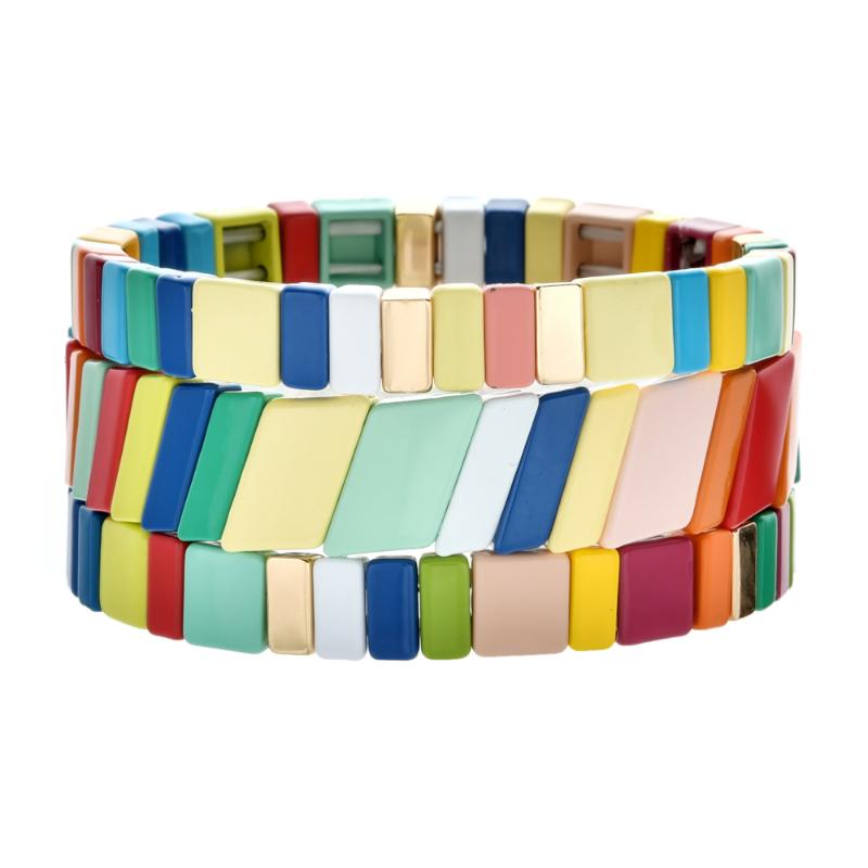 

Vintage Bohemian Metal Painted Colorful Rainbow Stackable Rhombus Square Painted Metal Block Tennis Bracelet Gold Beach Jewelry