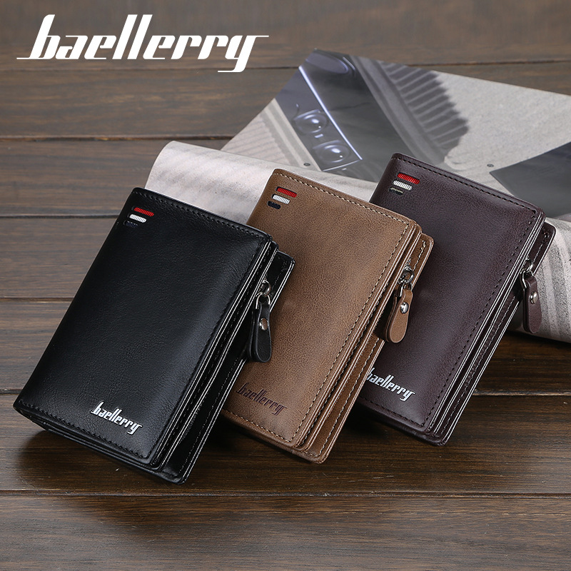 

Factory wholesale men wallets simple joker vertical multi-card short wallet waterproof zipper folding pocket money solid color leather fashion clutch card bag, Black(boutique box)