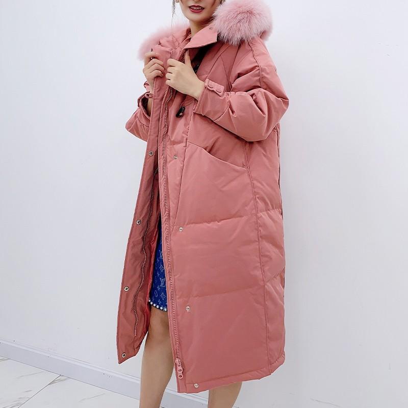 

FMFSSOM 2020 90% Duck Down Winter Big Real Fur Hooded Jacket New Women Long Coat Warm Snow Outwear Horn Button Loose Bule Parkas, Beige