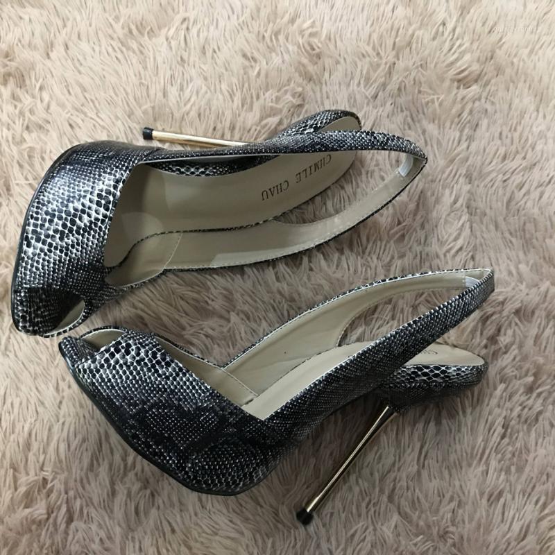 

Sexy Black Snakeskin Sandals High Heel Dress Party Women Sandals Summer New Peep Toe Sling Back Stiletto Fish Mouth 11cm Heels1