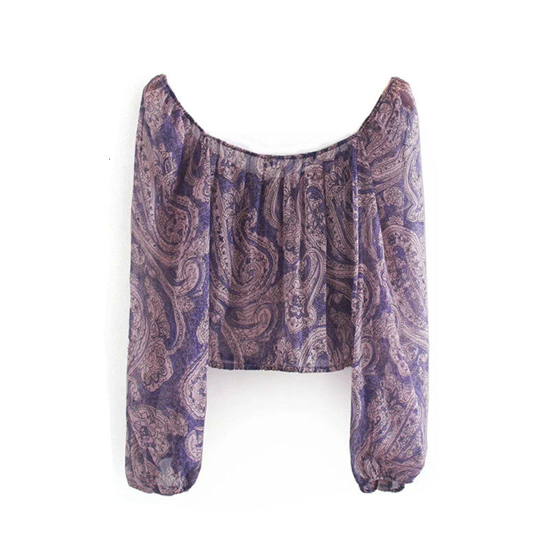 

2021 New Tops Women Vintage Printed Semi-sheer Cropped Raing Blouse Fashion Long Sleeves Ruffled Elastic Trims Mujer Chic Top Lsqn, Print