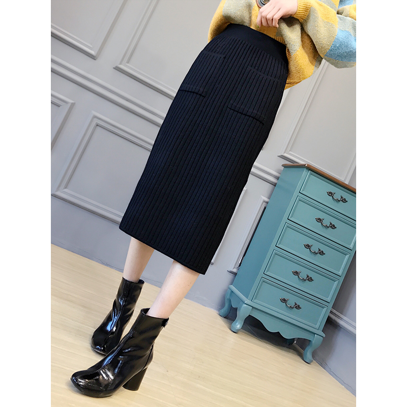 

New Winter 2021 fall women's knitted skirts high pencil elegant double pockets bodycon skirt midi y331 9MNN, Heise