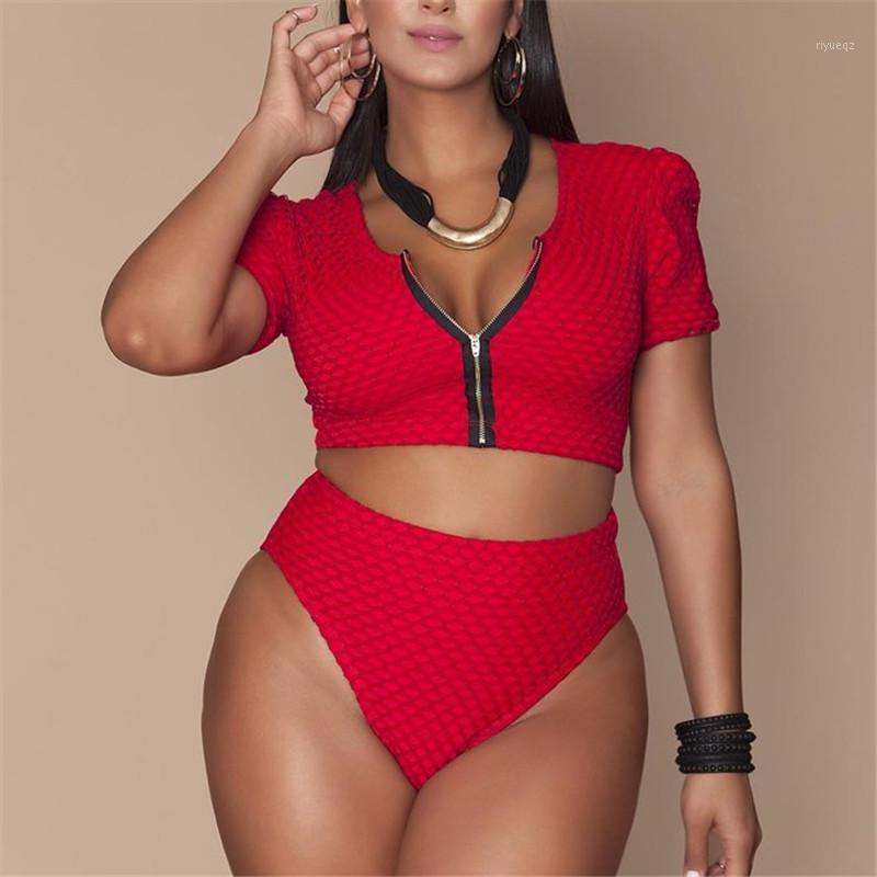 

4XL Plus Size Bikini Set Pad Zipper Front Swimsuit Large Swimwear 2021 High Waist Monokini Female Short Sleeve Bathing Suit