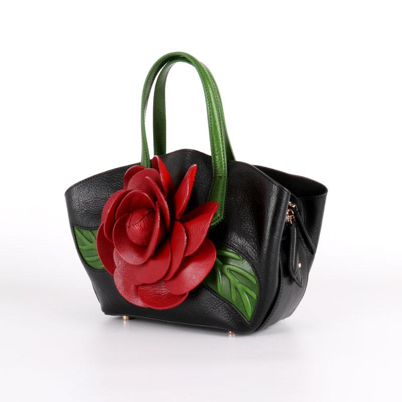 

Fashion Flower bag 2021 New Women Genuine Leather Bag Real Cowhide Leather Women's handbag uxury Designer Women Handbag, Black