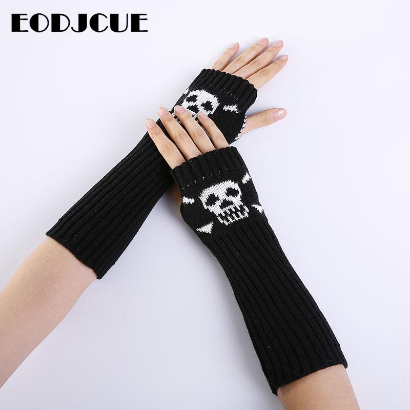 

Autumn Winter Warm Women Ladies Girl Solid Color Caribbean Skull Gloves Arm Warmer Long Fingerless Knitting Wool Mittens