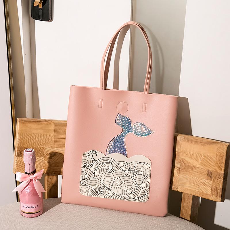 

Students Printed Fishtail Shopping Bag 2020 Autumn And Winter New Style Fashion Large Capacity Carry Bag Shopping, Pink