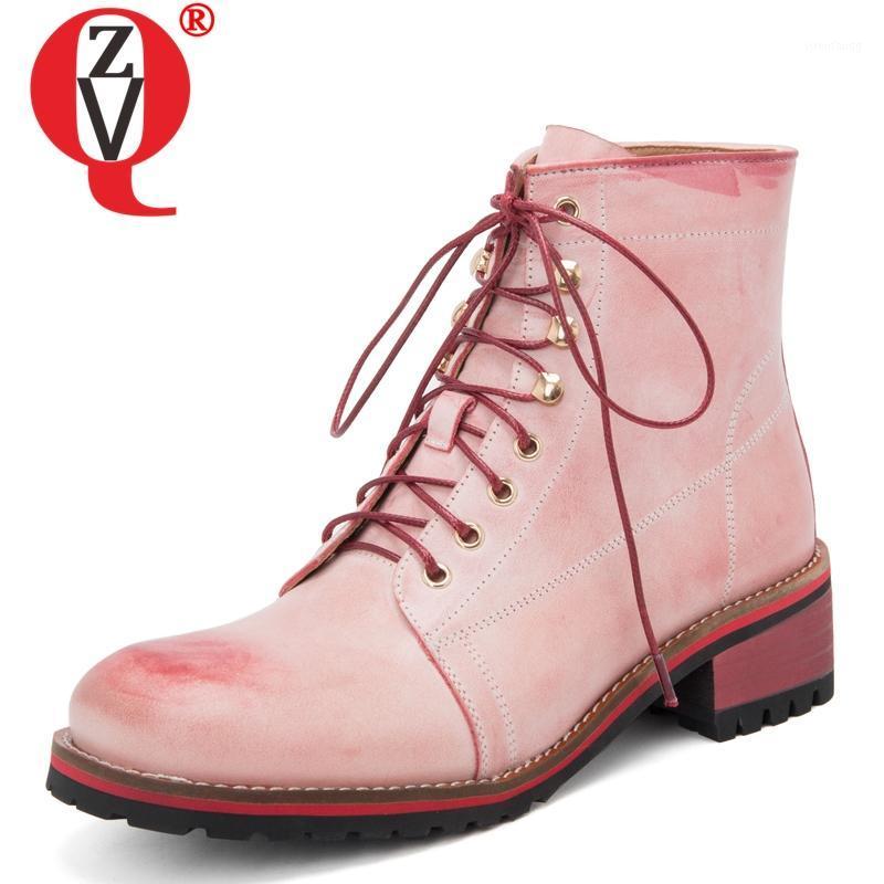

ZVQ women shoes autumn new fashion retro genuine leather round toe ankle boots outside mid heels cross-tied shoes drop shipping1, Pink