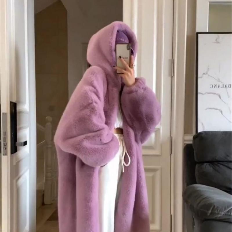 

Women 2021 Winter New Fashion Loose Solid Color Jackets Female Fake Rex Fur Coats Ladies Hooded Faux Fur Outwears Q615, Yellow