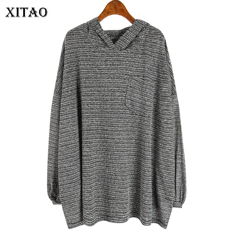

XITAO Gray Striped Hooded Pullover Women Loose Fashion Simple Casual Lantern Sleeve 2020 New Autumn White Women Clothes ZP2219, Gray zp2219