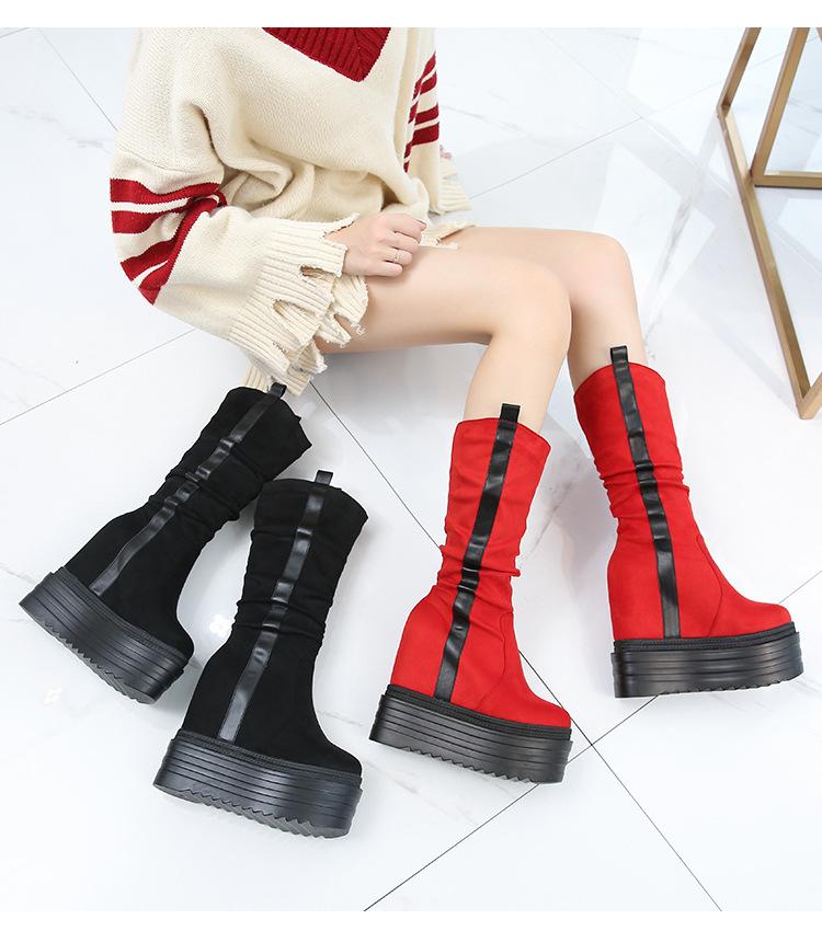 

13cm Sexy Elegant Women's Boots 2020 Winter New Middle Boots Increase Within Korean Thick Bottom Wedges Short, Red