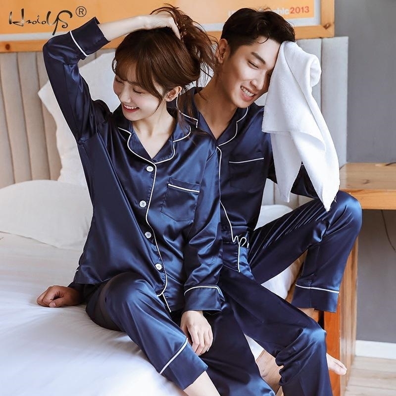 

New Couple Sleepwear Silk Satin Pajamas Set Long and Short Button-Down Pyjamas Suit Pijama Women Men Loungewear Plus Size Pj Set T200707, Ltw wine red