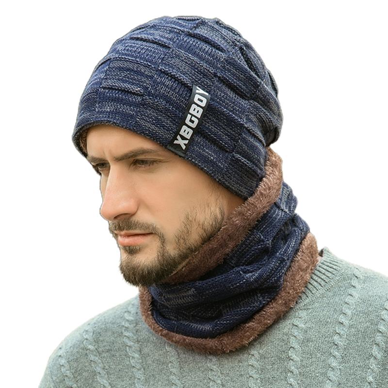 

2 Pieces Men Women Winter Beanie Hat Circle Scarf Set Thick Plush Lined Plaid Knitted Skull Cap Windproof Neck Warmer