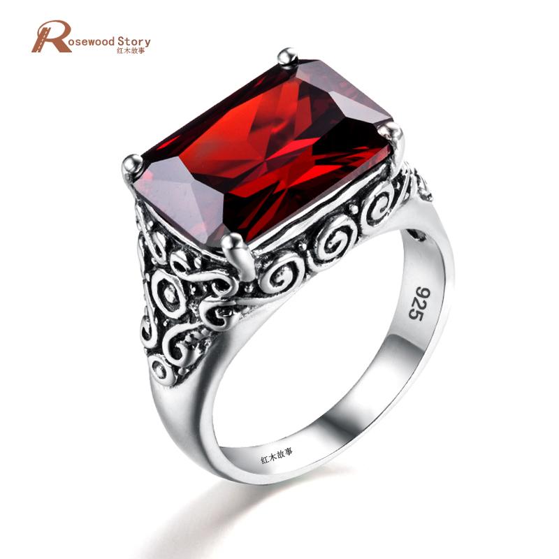 

Cluster Rings Real Pure 925 Sterling Silver Ring For Men Women Garnet Crystal Stone Vintage Engraved Medieval Pattern Elements Jewelry