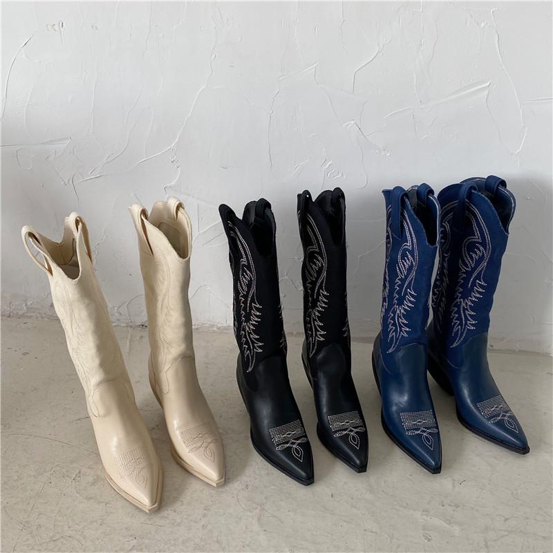 

MONMOIRA Geometric Emborider Western Cowboy Boots Women Wood Heel Patchwork Denim Winter Shoes Women Pointed Toe High Heel Boots, Black