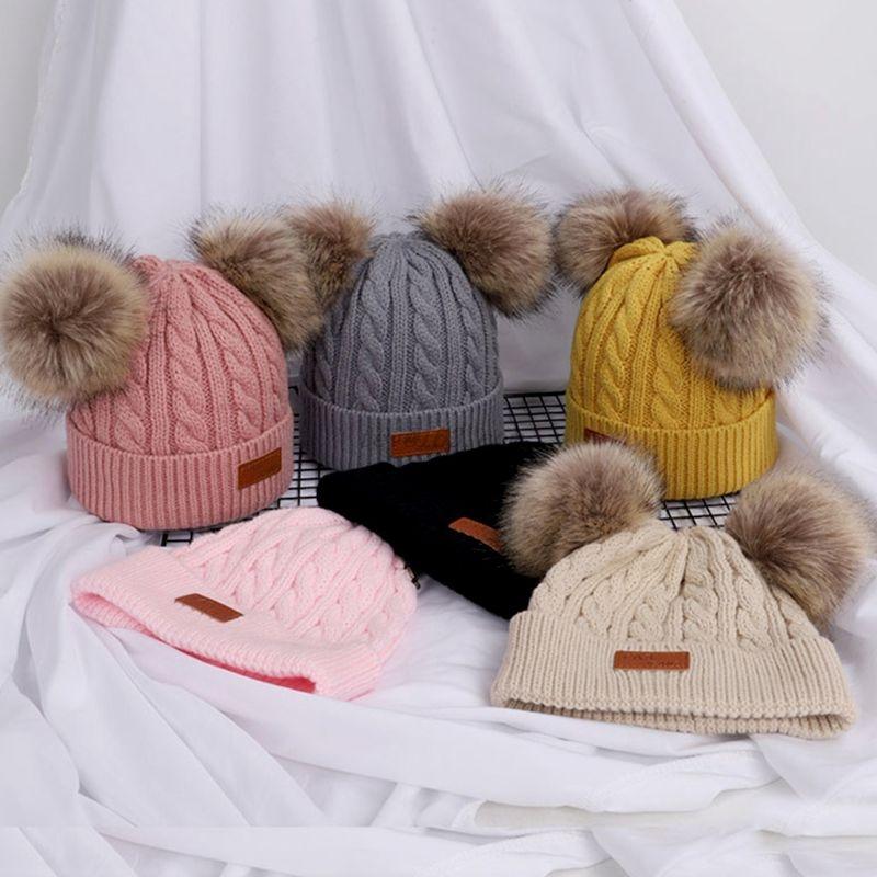 

Autumn Winter Toddler Kids Beanie Hat Double Ball Children's Wool Knitted Hat Warmer