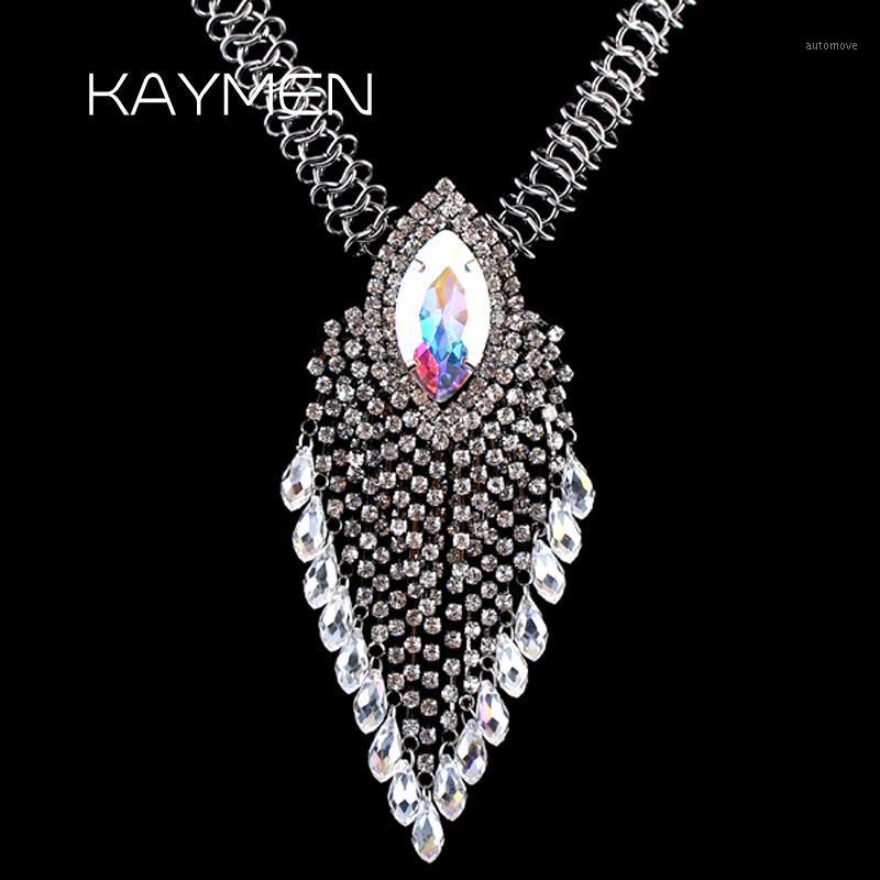 

Kaymen Handmade Long Chain Pendant Necklace for Girls, Full Rhinestones Black Gun Plated Statement Necklace 7 Colors Pendant1