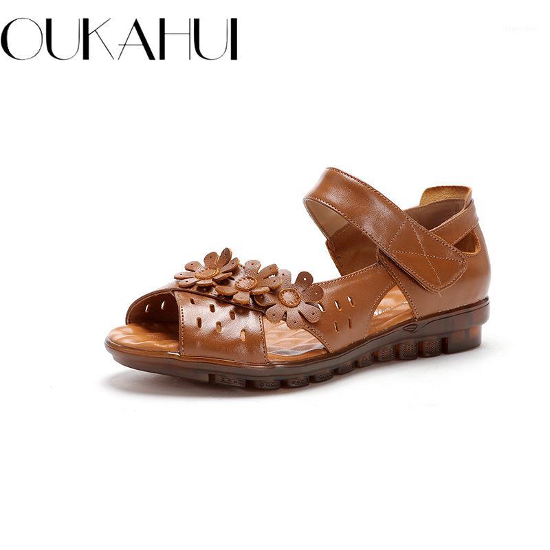 

OUKAHUI Genuine Leather Peep Toe Ladies Sandals Summer Shoes Women Low Heel 2020 Hook And Loop Soft Comfort Flat Sandals Woman1, Black