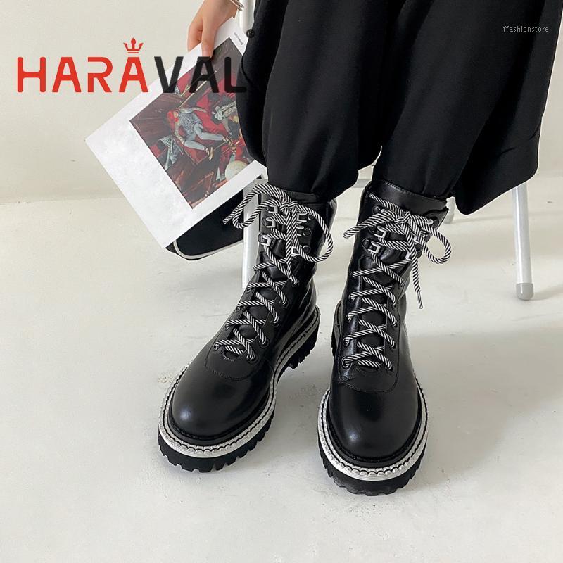 

HARAVAL Women Lace Up Flat Boots Black White Winter Autumn Lady Leather Shoes Waterproof Slip Handmake Fashion Shoe E276L1, White-velvet