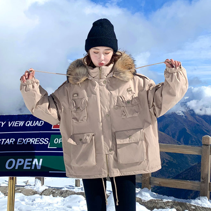 

2021 New Large Natural Raccoon Skin with Hood Female Thick Jacket Released Winter Coat 90% White Down Parka Hot Snow Outerwear 52LP, Brown fur khaki.