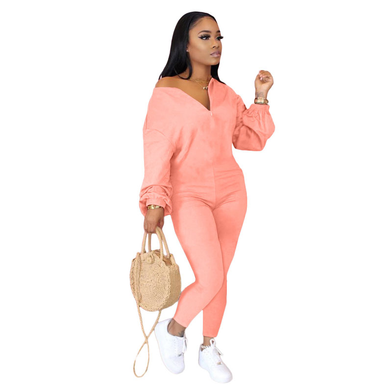 European beauty Women&#039;s Jumpsuits fashion slim solid color front zipper long-sleeved one-piece trousers-image-634881171