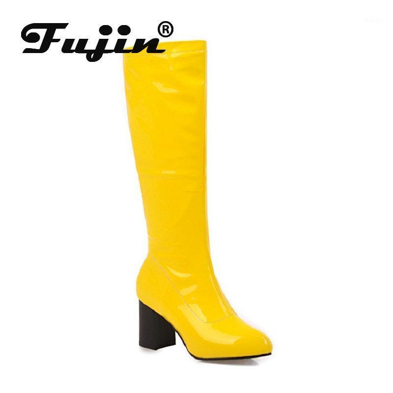 

Fujin Brand 2021 Knee High Booties Patent PU Leather Shinny Block High Heels Female Stretch Boots Women Winter Boots Square Heel1, Black