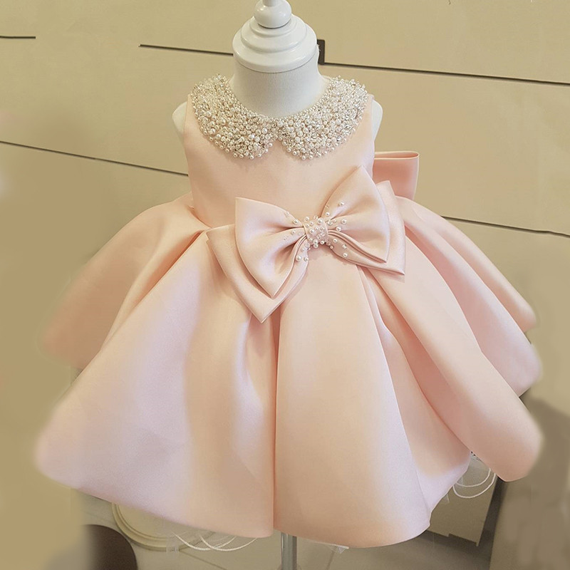 

New Fashion Beaded Bow Flower Girl Dresses For Wedding Princess Fluffy Tulle Baby Girls Baptism Christening Birthday Gown LJ201222, Pink