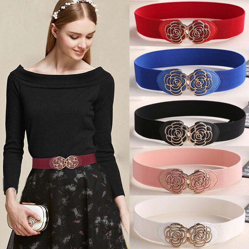 

Belts Women Lady Metallic Retro Flower Elastic Stretchy Dress Narrow Waist Band Red Blue Black White Pink, Black;brown