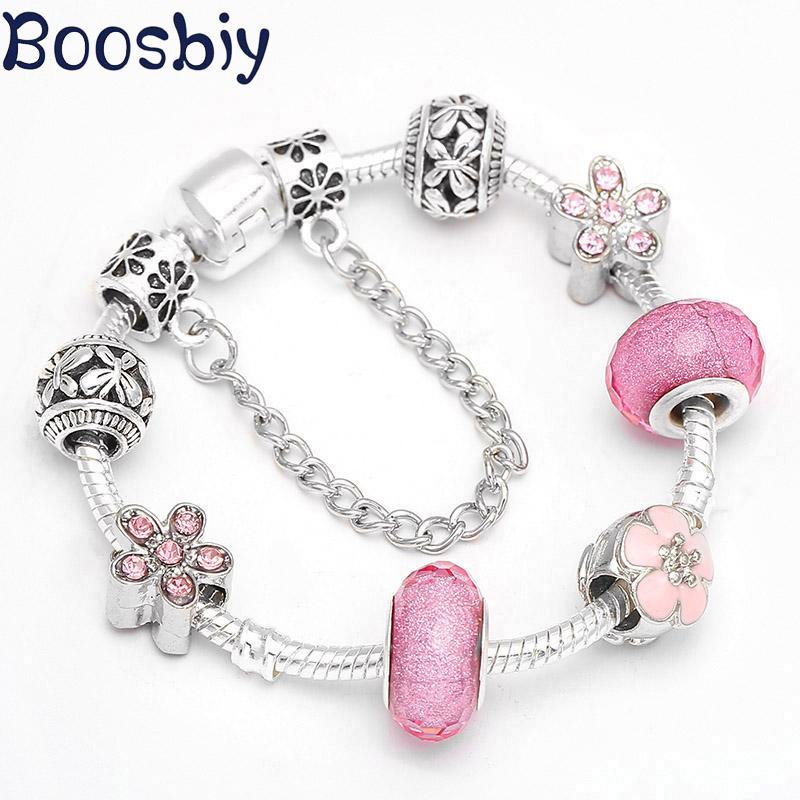 

Boosbiy High Quality Pink Flower Beads Fits European Style Silver Plated Charm Bracelet For Women Jewelry Gift Dropshipping