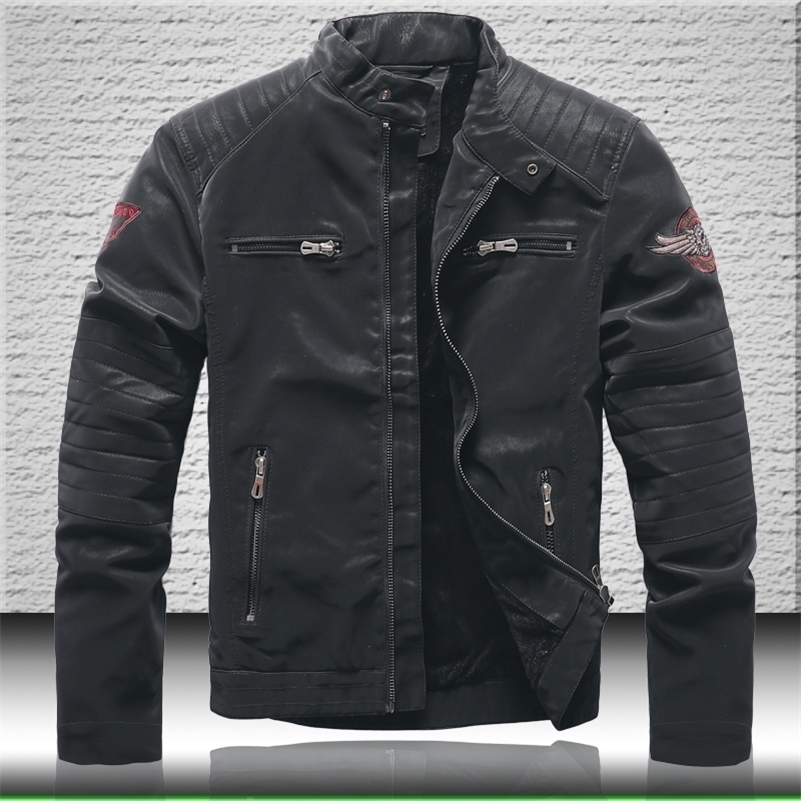 

Men Leather Jackets Coats Mens Biker Leather Jacket Embroidery Winter Thick Coat Quality Men Casual Black Bomber Jacket 201222, Kh8809 armygreen